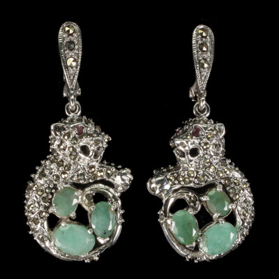 925 Sterling Silver Earrings Oval Emerald Ruby Marcasite Tiger Gemstone Jewelry