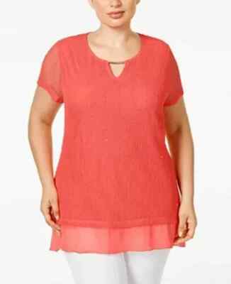 JM Collection Women's Mesh Overlay Top Sequin Chiffon Pink Size 1X