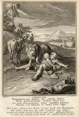 Antiker religiöser Druck - Prophet Iddo wird von einem Löwen getötet - Luyken - Weigel - 1712