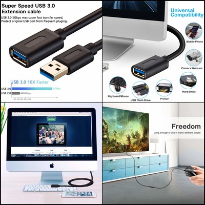Flash Drive Hard Card Reader Scanner USB 3.0 Extension Cable 5Ft 3.0 High Speed