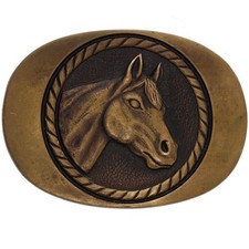 Brass Horse Rodeo Cowgirl Cowboy Trophy Western Mare 1970s Vintage Belt Buckle