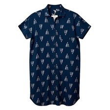 Garnet Hill Linen Ikat Print Button Front Shirt Dress Navy White Size M NEW