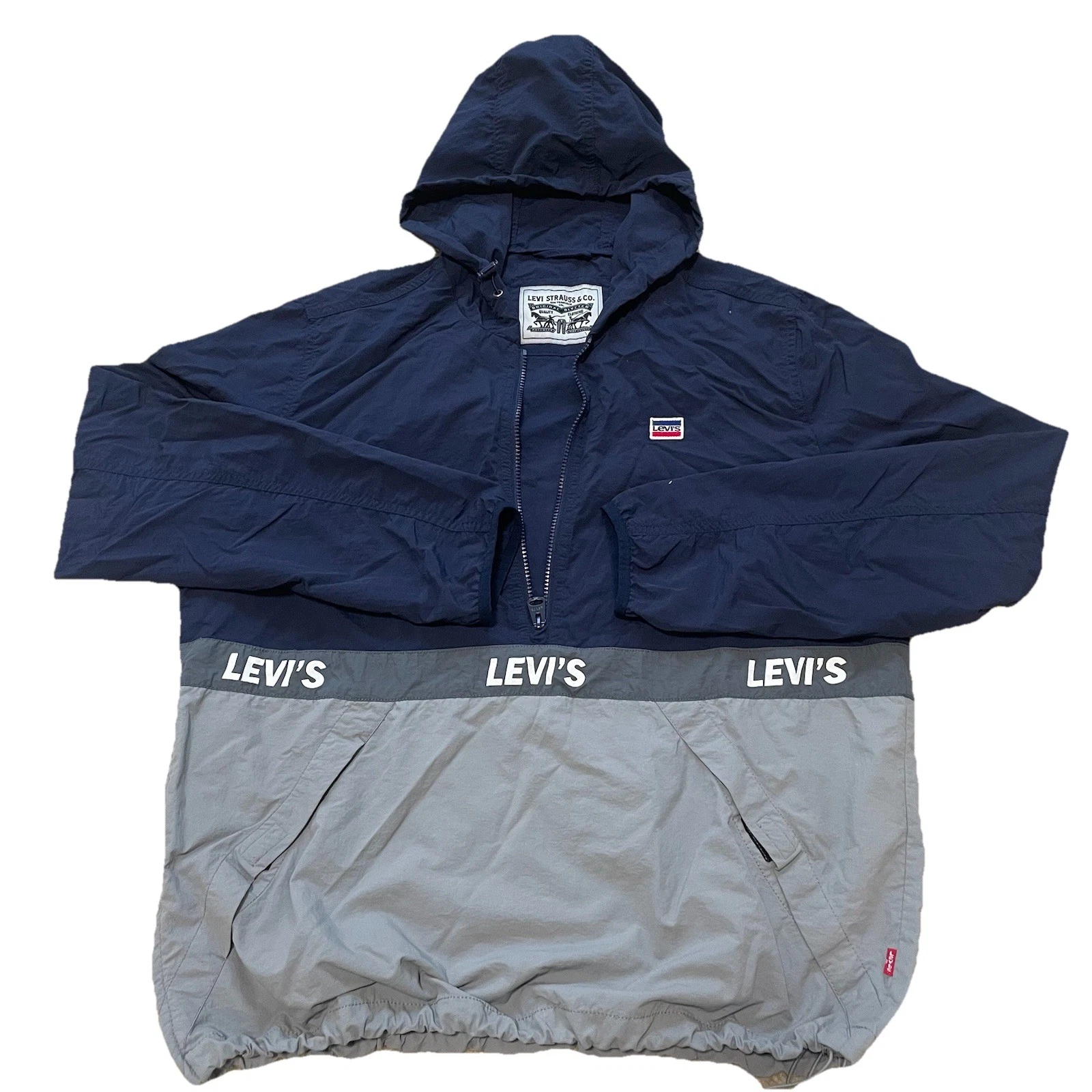 Levis Hooded Jacket Mens Large Blue Gray Pullover Windbreaker Lightweight