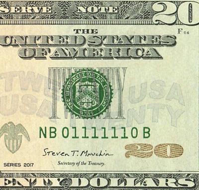 #ad True Binary Super Radar Fancy Serial Number 20 Dollar Bill NB01111110B $375.00