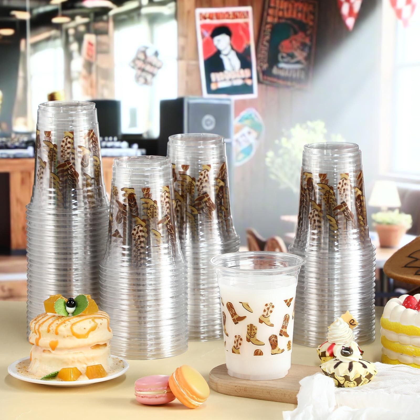 100 Pcs Western Cowboy Plastic Cups 16 oz Brown Cowboy Boot Drinking Cups for...