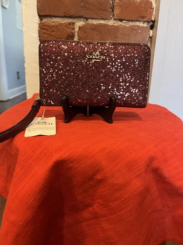 Portafoglio Coach 422705 Star Glitter Angolo Zip Polso Pochette Rosso Lampone Nuovo con etichette