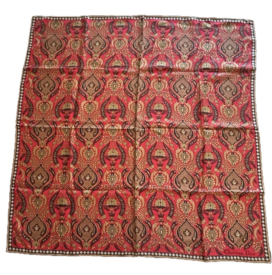 "Bufanda de seda Christian Dior de colección estampado cachemir borgoña rojo marrón dorado 30"" LOGO" Foto 3 de 4