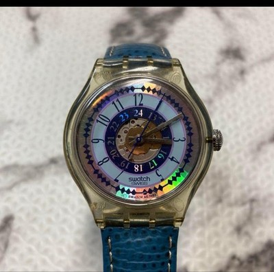Swatch Vintage Automatic 90s Watch Colorful Dial Blue Leather Wristwatch