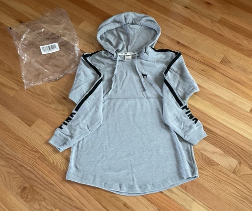 UNDERCOVER Nuova felpa con cappuccio ROSA by Victoria’s Secret grigia nera righe orlo curvo luce peso M