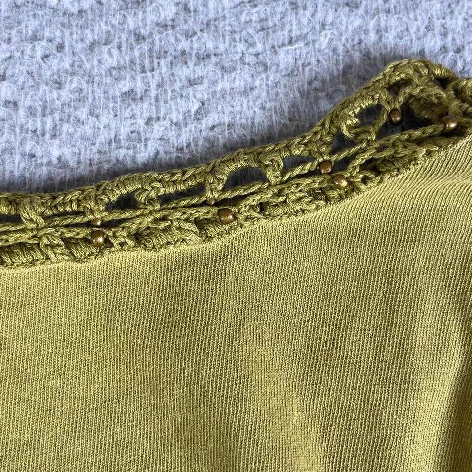 We The Free People Top XL Green Knit Beaded Crochet 3/4 Sleeve Cotton Ribbed - Image 4 of 4