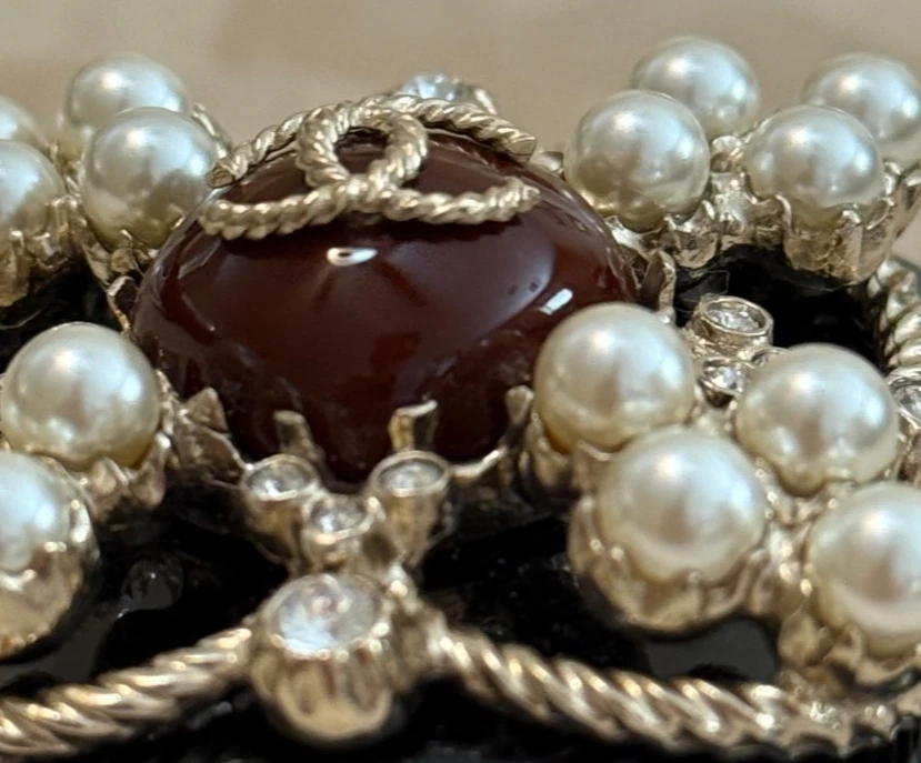 Chanel Black Resin Faux Pearl Strauss CC Hinged Cuff Bracelet - Image 3 of 4