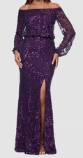 Xscape Women's Purple Sequins Off-Shoulder Long Sleeve Gown Dress Size 16