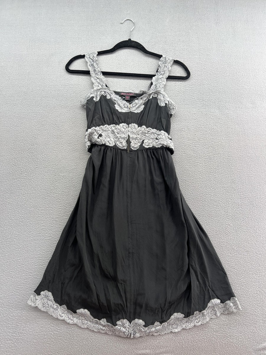 grey and black lace dress Betsey Johnson Dress Womens 0 Black Gray Lace Silk Sleeveless Midi Floral  Trim
