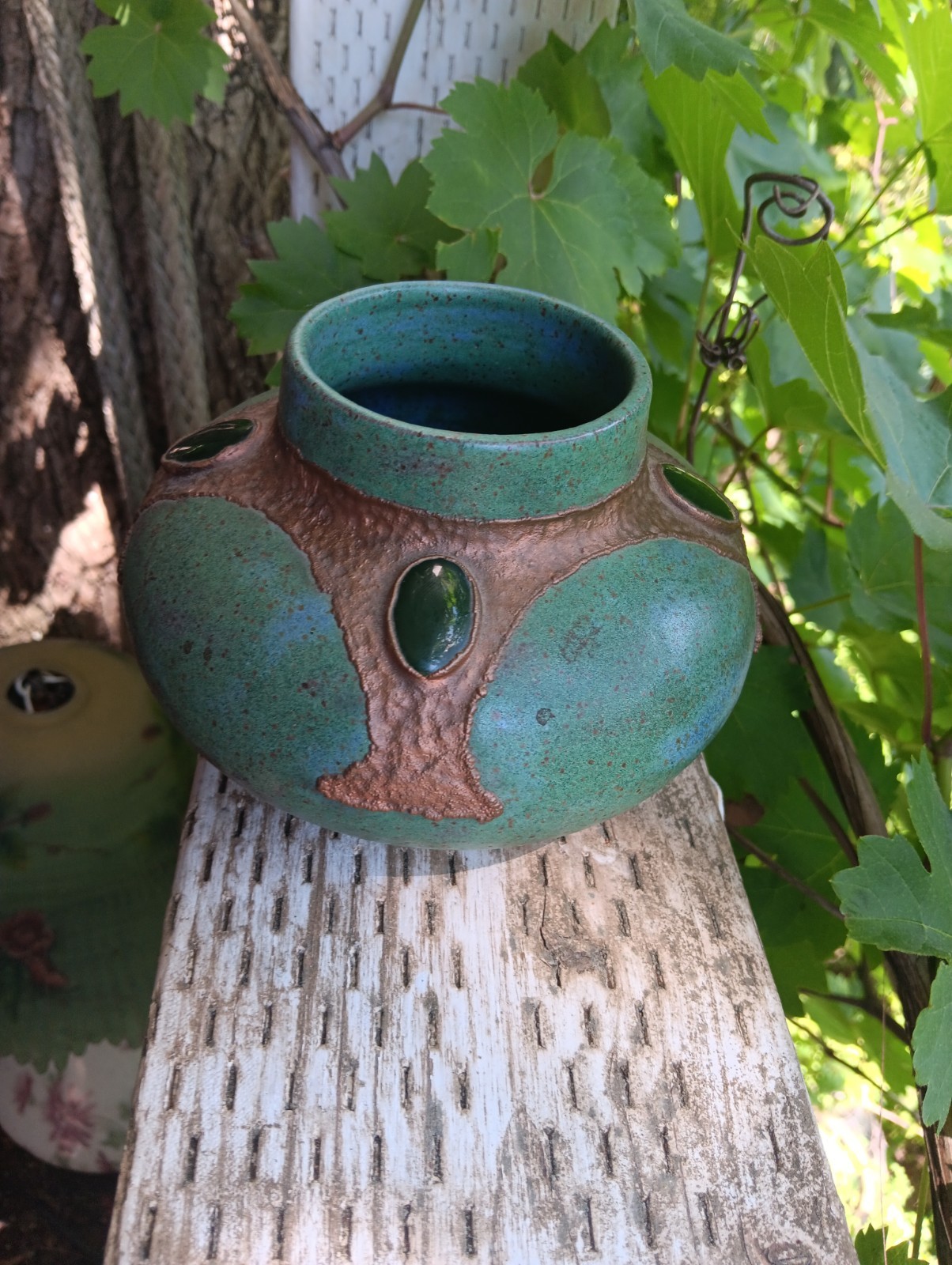 Arts And Crafts Style Art Pottery Vase Jade Jewels Signed R P C