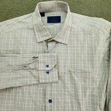 David Donahue Mens XL Button Down Shirt Plaid Blue Tan Cotton Long Sleeve Dress