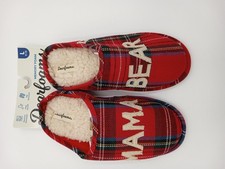 Dearfoams Slippers Womens Red Mama Bear Plaid Faux Fur Mule Cozy Size L 9-10