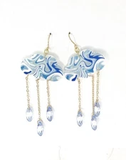 New Acrylic Blue Cloud Crystal Drop Earrings 14k Gold Plated Hooks Artisan