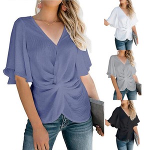 Plus-Size-Women-Twist-Short-Sleeve-Blouse-Chiffon-Casual-Work-OL-T-Shirt-Top-Tee