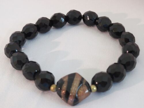 Stretch Elastic Glass Bead Bracelet with 1940's Jet Beads 15mm Square Center