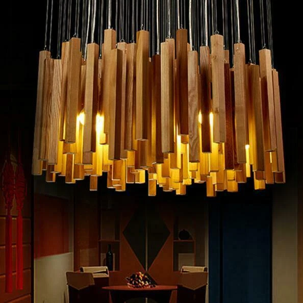Wooden Lampshade LED Chandelier Ceiling Pendant Lamp Light Hanging Lamp Fixture - Image 2 of 4