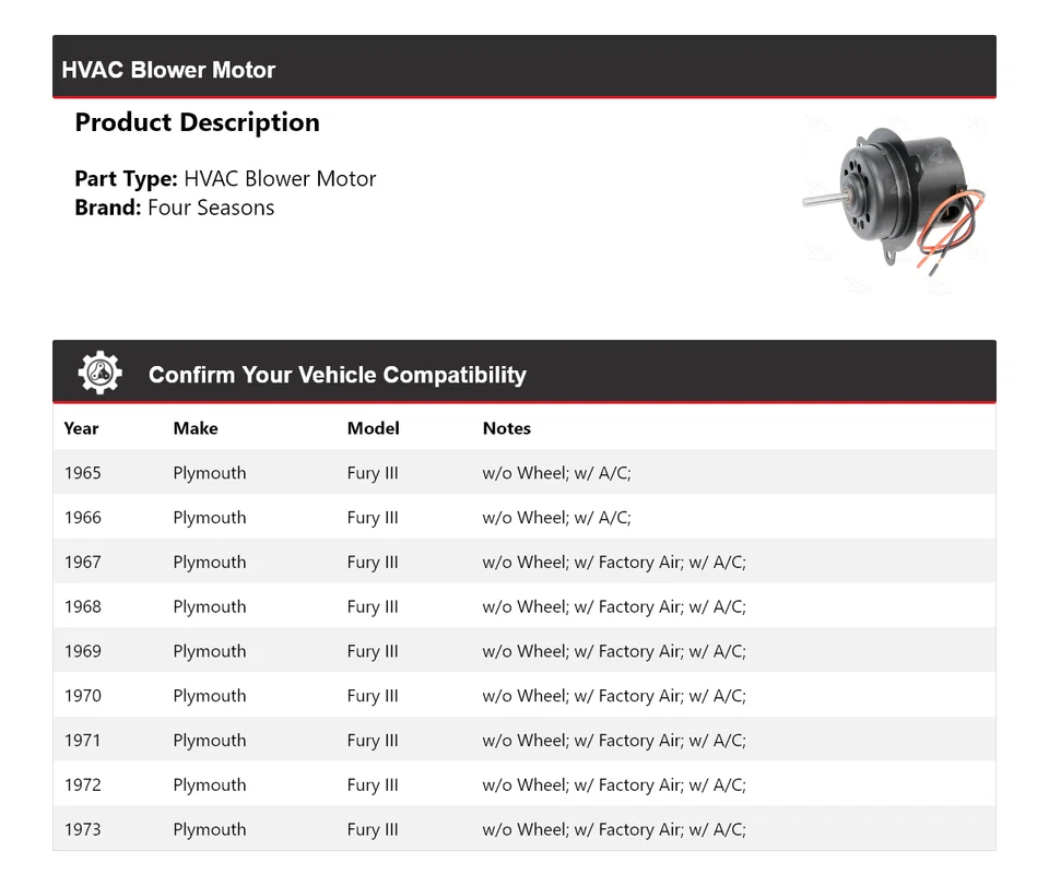Motor soplador de climatización Plymouth Fury III 1965-1973 4 estaciones 1966 1967 1968 1969 Foto 2 de 4