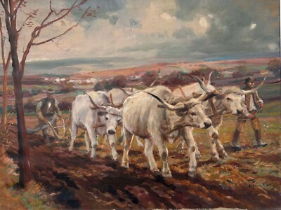 Ungarische Landschaft Öl Ochsen Pflügen von Gerna Karoly 1867-1944