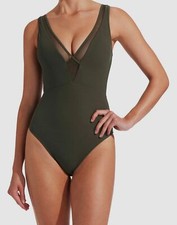  168 Jets Women's Green Plunge Mesh Inset One Piece Swimsuit Size AU 8/ US 4