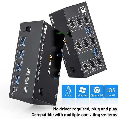 Triple Monitors KVM Switch, 2 Displayport + HDMI USB KVM Switch 8K@60Hz 4K@144Hz