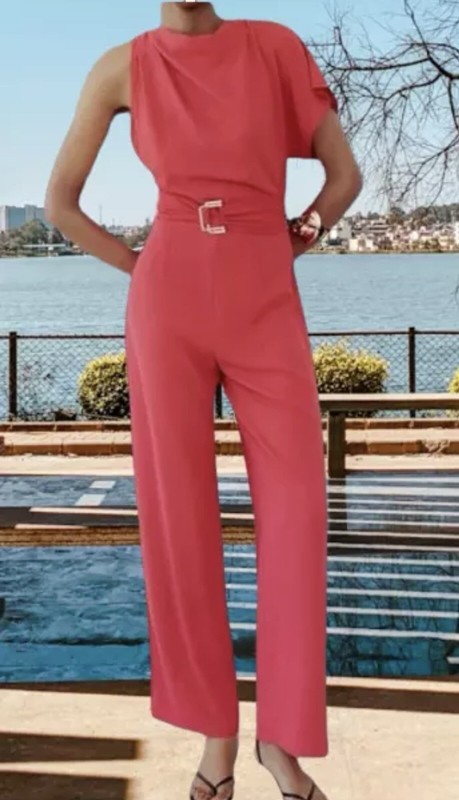 ZARA RED ASYMMETRIC CREPE BELTED GOLD BUCKLE JUMPSUIT SZ SMALL