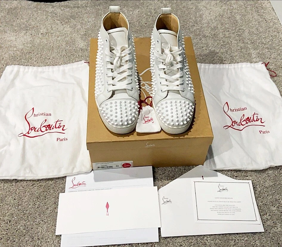 Authentic Christian Louboutin White Spikes Leather Mens Sneaker US9 EU42  UK8