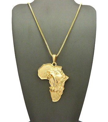 NEW LION HEAD AFRICA PENDANT &24'' BOX/ROPE CHAIN HIP HOP NECKLACE - XSP501G