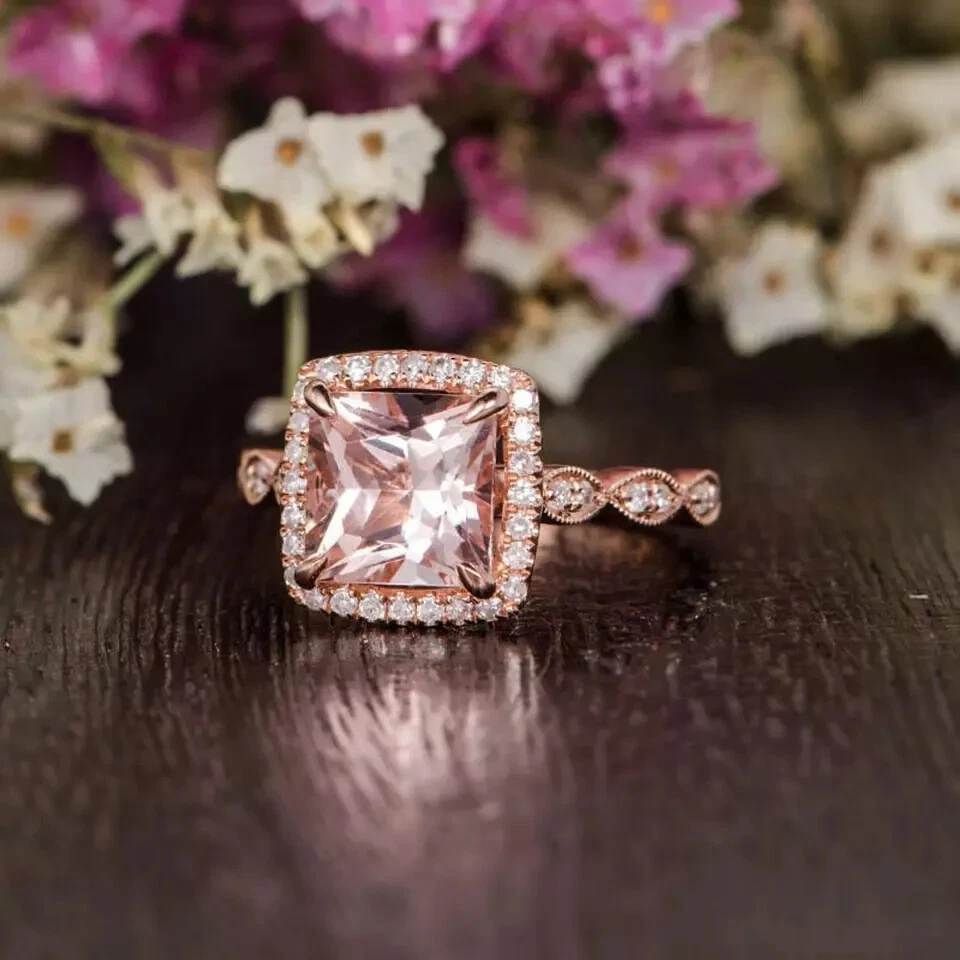 3.5Ct Princess Cut Morganite Diamond Halo Engagement Ring 14K Rose Gold Finish - Image 4 of 4