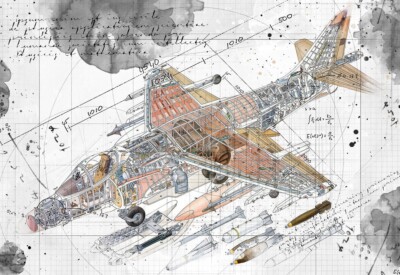 Line Tech Zeichnung Harrier Jet Flugzeug Aircraft Cutaway Kunst Poster Druck