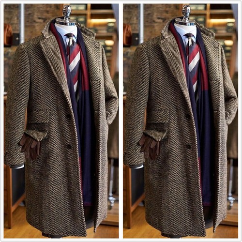 Brown Vintage Herringbone Men Coat Blazer Long Formal Business Groom Prom Winter - Picture 1 of 9