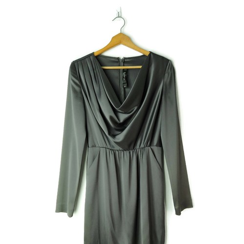 ST JOHN Liquid Satin Dress Sz 2 Drape Cowl Neck pockets long sleeves gray XS S - Picture 3 of 7