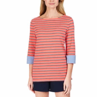 Nautica Cuffed Three-Quarter Sleeve Boatneck Top, Dreamy Coral, Small