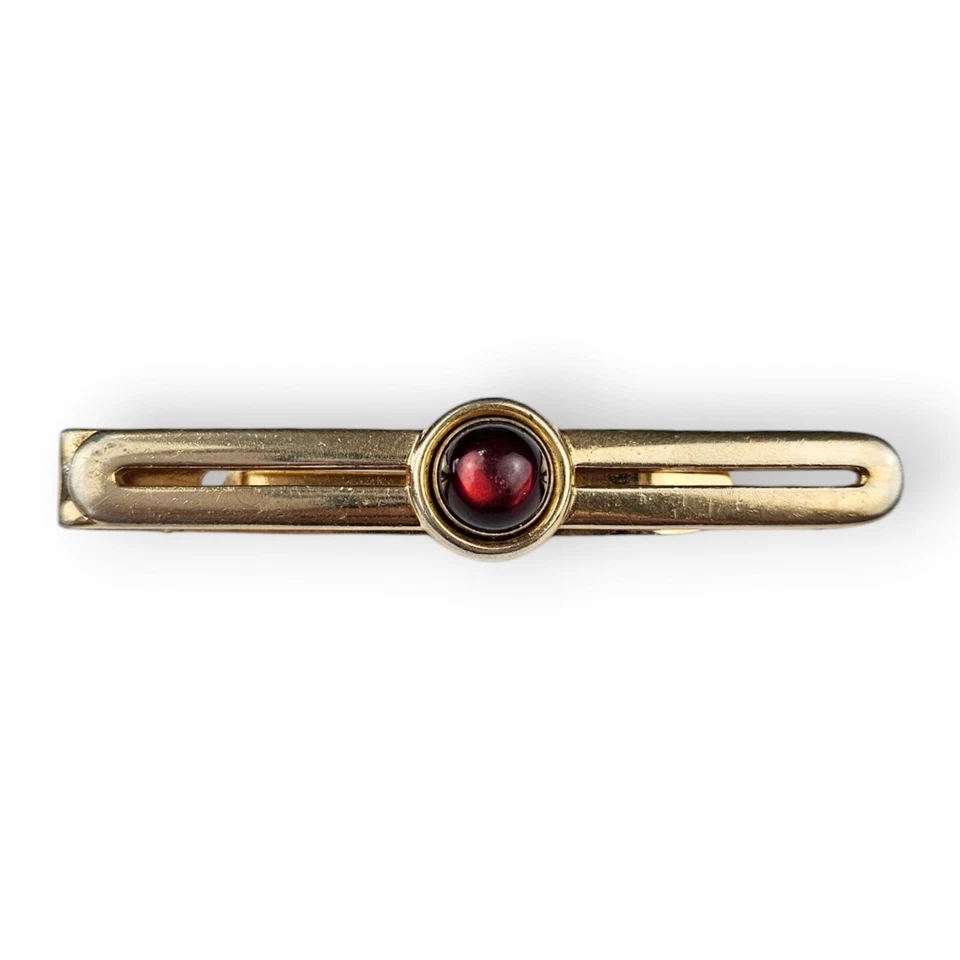 Juego de barras de corbata gemelos Swank rojo lunar lucite cabujón chapado en oro vintage años 60 Foto 2 de 4