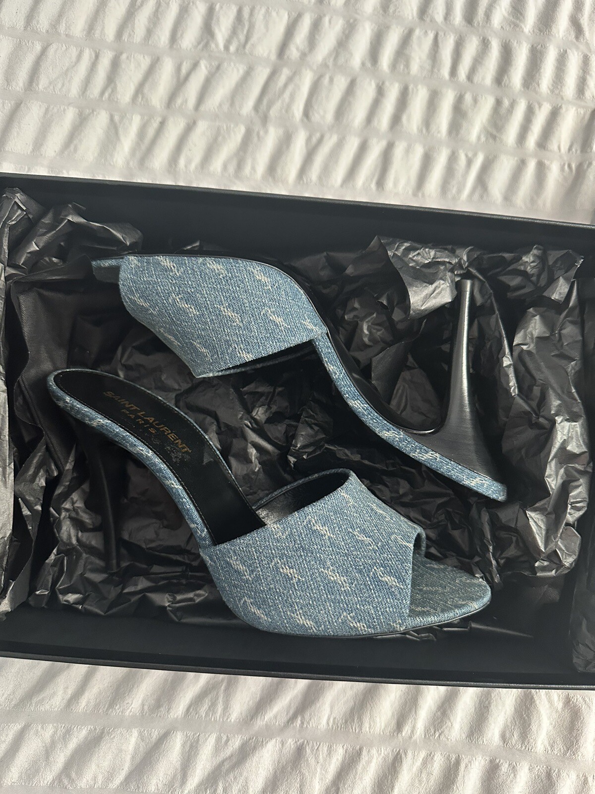 Muli tacco alto Saint Laurent La 16 Cassandre denim YSL EU 38 5 US 8 5