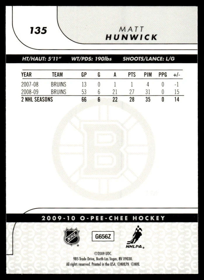 2009-10 O-Pee-Chee Rainbow Matt Hunwick Boston Bruins #135 - Image 2 of 2
