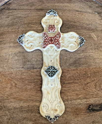 Studio Art Pottery Ceramic Cross Crucifix Wall Decor Signed Rustic Boho 10.5"