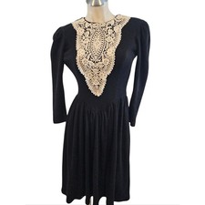Vintage Size 2 Elegant Black Dress with Ivory Lace Bib Black Wool Blend