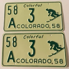 1958 Colorful Colorado License Plate Pair 58A 3 Skier Skiing Dolores County