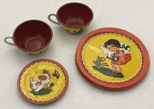 Tin Toy Tea Set Cups Saucers Plates Ohio Art Girl Dog Litho 10 Pieces
