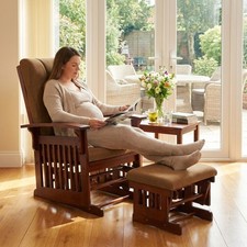 Solid Wood Glider and Ottoman Set Rubber Wood Rocking Chair +Dark Brown Cushion