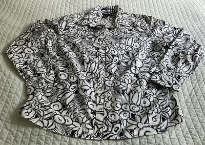 Lands End Black White Floral Long Sleeve No Iron Blouse Sz 14