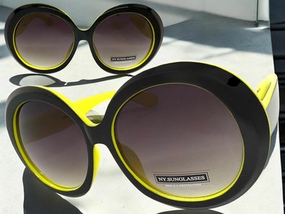 OVERSIZE EXAGGERATED Vintage Retro SUNGLASSES X Large Round Black & Yellow Frame