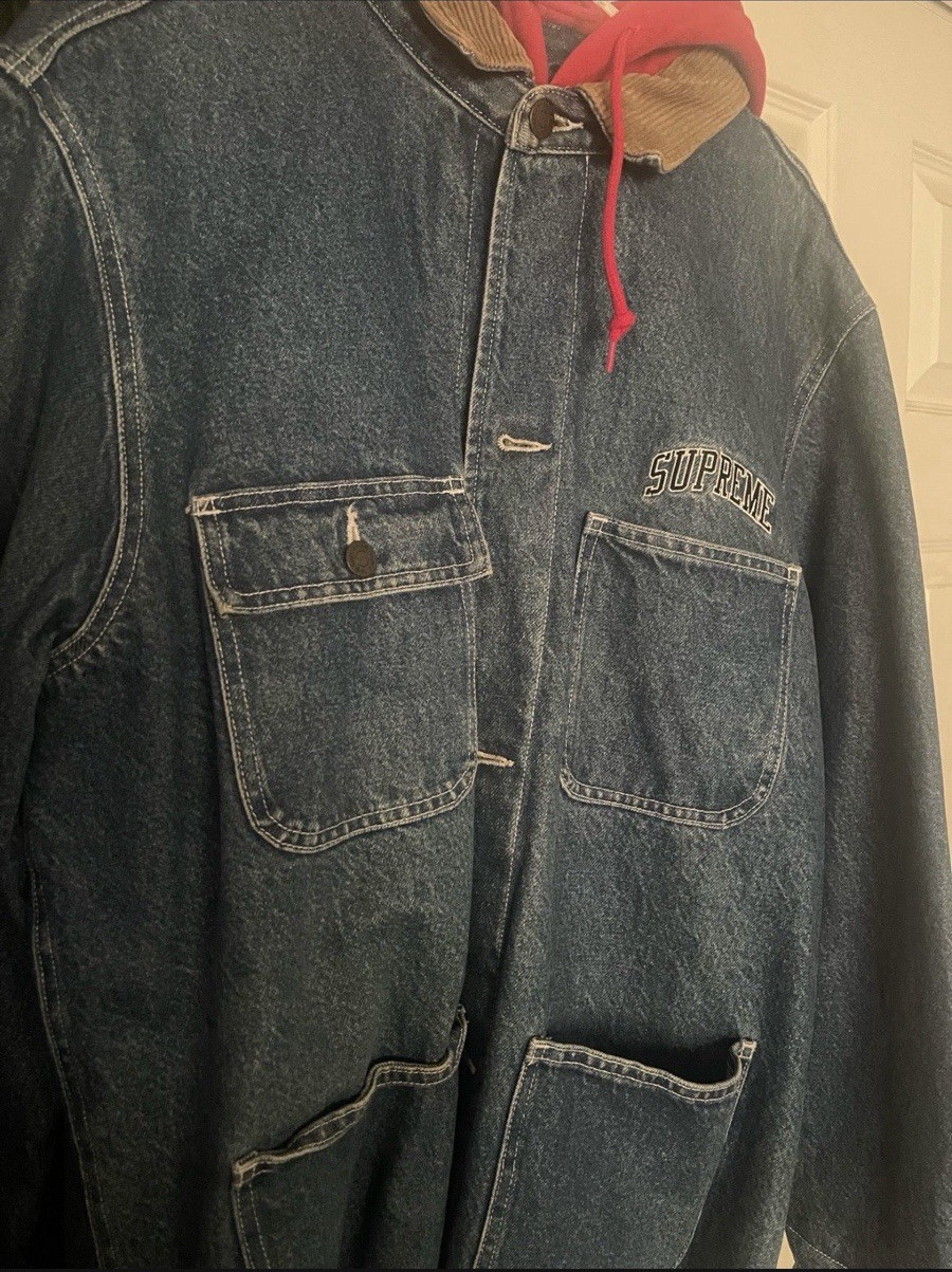 Supreme Men's Hooded Denim Jacket XL Blue/Red Logo Button Point Collar