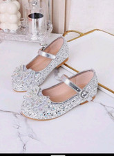 Silver Glitter Mary Jane Flats Round Toe Buckle Teens US 11.5 Standard