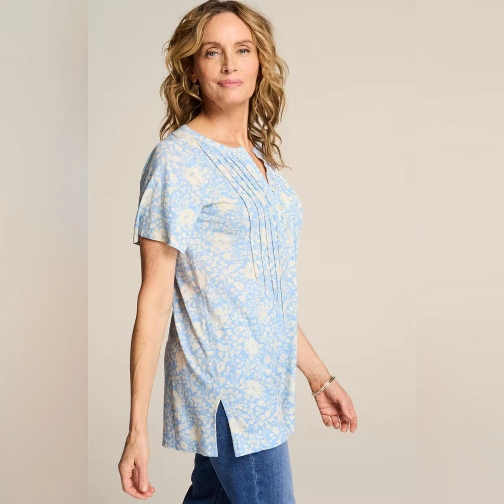 NWOT J. Jill Linen-Blend Flutter-Sleeve Tunic Blue Botanical 2X Prairie Coastal