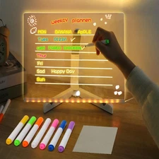 LED Acrylic Note Board Light Up 8x8in 7 Color Pen Adjustable Office School Decor